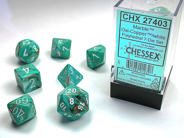 Set de 7 dés - Marble Oxi-Copper/Blanc chessex